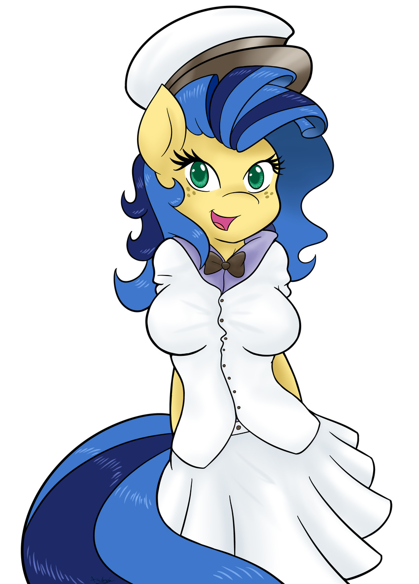 2014 absurd_res ambris anthro anthrofied blue_eyes blue_hair bow_tie clothing costume earth_pony equine female freckles friendship_is_magic hair hi_res horse mammal milky_way_(character) my_little_pony original_character plain_background pony skirt solo standing white_background
