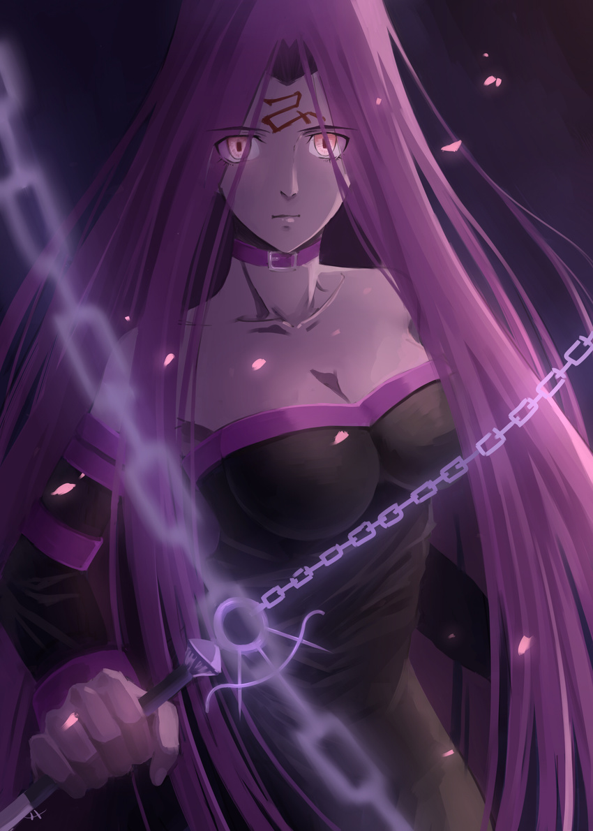 blurry breasts chain cleavage collar depth_of_field detached_sleeves dress facial_mark fate/stay_night fate_(series) forehead_mark glowing glowing_eyes hei_tong_shi highres large_breasts long_hair nameless_dagger petals purple_hair rider solo