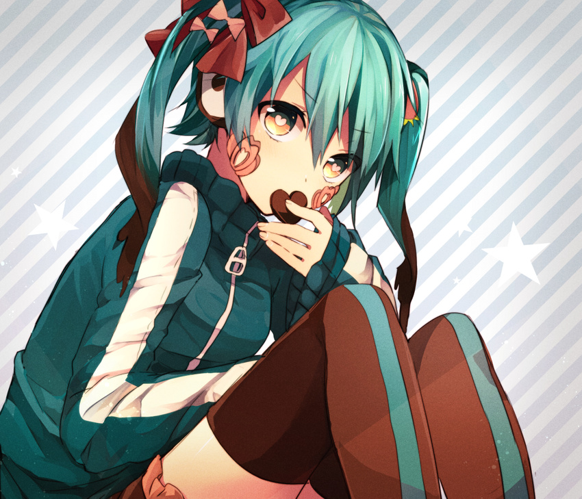 chocolate chocolate_heart ene_(kagerou_project) facial_mark food food_in_mouth frilled_skirt frills hair_ornament hair_ribbon headphones heart heart-shaped_pupils hood hoodie jacket kagerou_project looking_at_viewer nanase09rr oversized_clothes pleated_skirt pullover ribbon shirt short_hair skirt solo sweets symbol-shaped_pupils thighhighs thighs track_jacket tress_ribbon twintails yellow_eyes