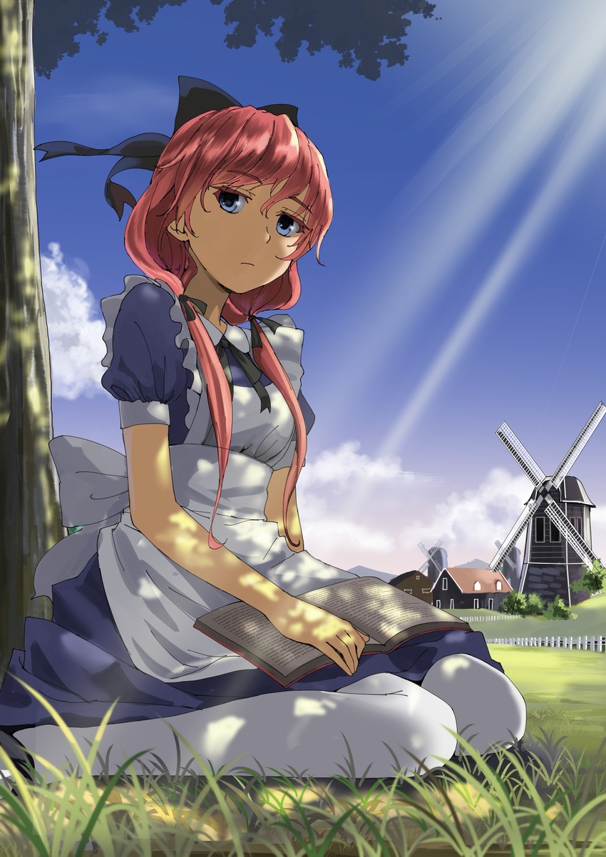 apron bad_id bad_pixiv_id blue_eyes book bow cloud dappled_sunlight day grass hair_bow highres jitome light_frown light_rays long_hair looking_at_viewer maid original pantyhose pink_hair red_hair sitting sky solo sunbeam sunlight tree twintails wariza white_legwear windmill yoropa