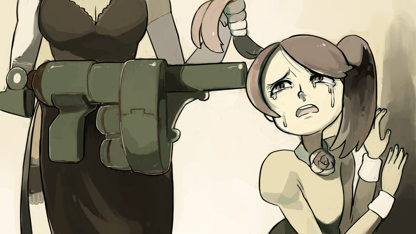 alex_ahad arm_cannon at_gunpoint black_dahlia breasts cleavage crying crying_with_eyes_open cyborg garters grenade_launcher gun_to_head hair_grab head_out_of_frame long_hair medium_breasts multiple_girls screencap side_ponytail side_slit skullgirls solo_focus spoilers squigly_(skullgirls) tears weapon