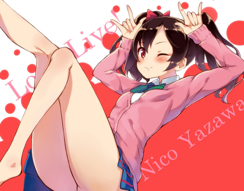 ;) black_hair blush bow character_name closed_mouth copyright_name hair_bow highres legs looking_at_viewer love_live! love_live!_school_idol_project one_eye_closed red_eyes short_hair smile solo thighs twintails yazawa_nico ytk_(yutta-p)