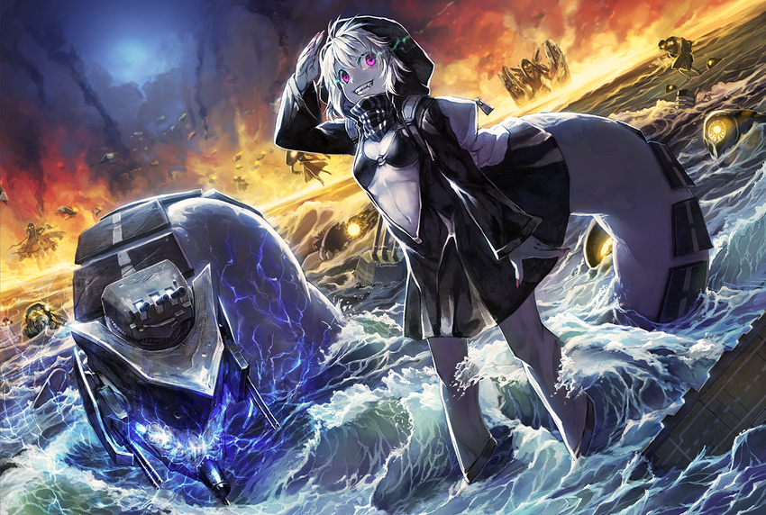 aircraft_carrier benitama bikini_top breasts cannon cape cleavage cloud dusk electricity fang fingernails fire glowing glowing_eyes grin ha-class_destroyer he-class_light_cruiser hood hoodie i-class_destroyer kantai_collection long_fingernails long_hair midriff military military_vehicle multiple_girls nail_polish navel outdoors partially_submerged pink_nails purple_eyes re-class_battleship ri-class_heavy_cruiser ru-class_battleship salute scarf sharp_teeth shinkaisei-kan ship short_hair sky small_breasts smile smoke solo_focus swimming ta-class_battleship tail teeth wading warship water watercraft waves white_hair wo-class_aircraft_carrier yellow_eyes