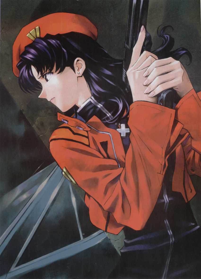 absurdres against_wall bangs beret brown_eyes closed_mouth cross dutch_angle earrings frown gun hat highres holding holding_gun holding_weapon jacket jewelry katsuragi_misato lipstick long_hair long_sleeves looking_away looking_to_the_side makeup nail_polish neon_genesis_evangelion open_clothes open_jacket parted_bangs pink_lips pink_nails profile purple_hair red_hat sadamoto_yoshiyuki scan solo stud_earrings trigger_discipline two-handed uniform upper_body weapon