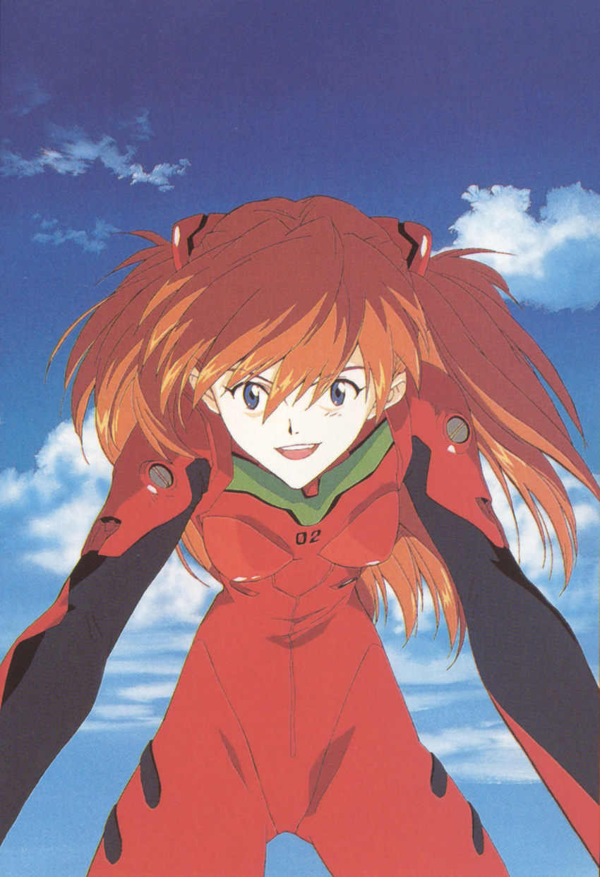 :d absurdres artist_request bangs blue_eyes bodysuit breasts cloud cowboy_shot day foreshortening hair_between_eyes hair_ornament highres leaning_forward long_hair looking_at_viewer neon_genesis_evangelion number open_mouth orange_hair outdoors outstretched_arms pilot_suit plugsuit scan skinny sky small_breasts smile solo souryuu_asuka_langley turtleneck