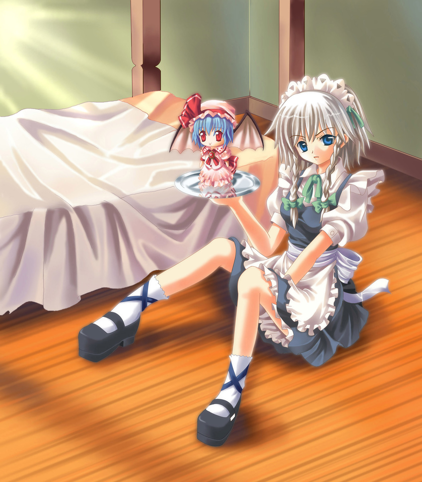 :x absurdres bad_id bad_pixiv_id bat_wings bed blue_eyes blue_hair braid character_doll doll hair_ribbon highres izayoi_sakuya kamisakai lingerie maid maid_headdress petticoat red_eyes remilia_scarlet ribbon silver_hair sitting solo touhou tray twin_braids underwear wings