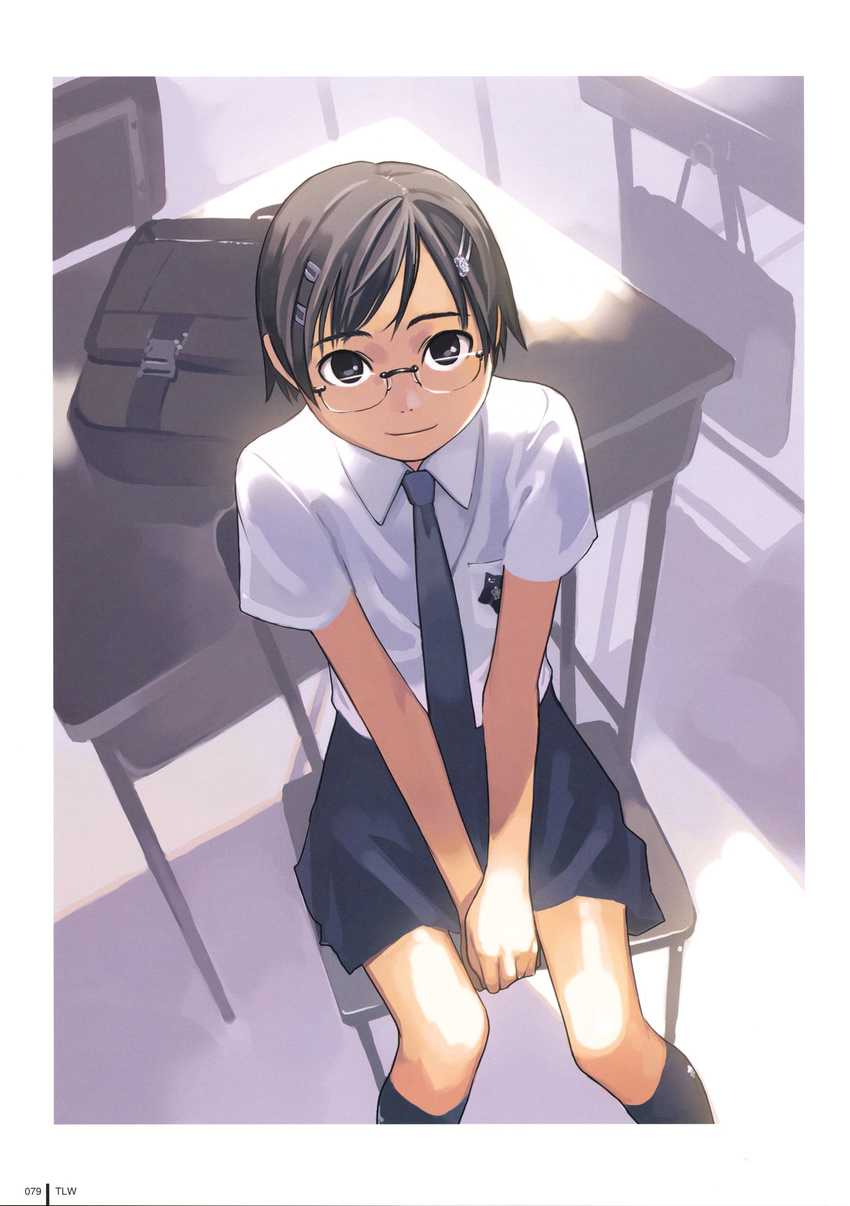 absurdres child copyright_request desk from_above glasses hair_ornament hairclip hairpin highres kneehighs looking_up necktie school_desk school_uniform short_hair sitting smile socks solo takamichi