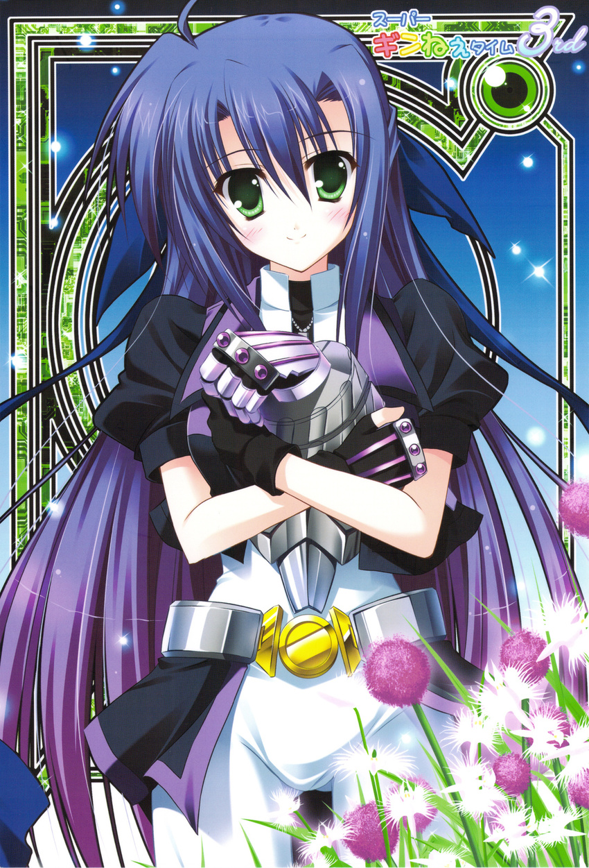 blush endori fingerless_gloves flower gauntlets ginga_nakajima gloves green_eyes highres long_hair lyrical_nanoha mahou_shoujo_lyrical_nanoha_strikers purple_hair revolver_knuckle smile solo very_long_hair