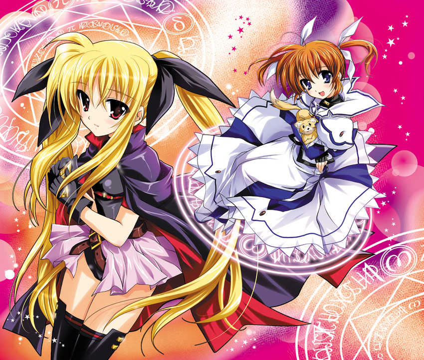 animal bardiche blonde_hair brown_hair fate_testarossa fingerless_gloves gloves highres kanna_(plum) long_hair lyrical_nanoha magic_circle mahou_shoujo_lyrical_nanoha mahou_shoujo_lyrical_nanoha_the_movie_1st md5_mismatch multiple_girls purple_eyes red_eyes star takamachi_nanoha thighhighs twintails very_long_hair yuuno_scrya