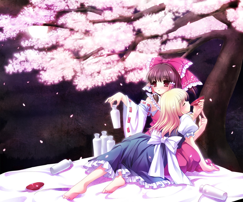 alcohol barefoot blonde_hair blush brown_hair cherry_blossoms cup feet hakurei_reimu kirisame_marisa multiple_girls petals sakazuki sake soles takatsukasa_yue toes touhou tree