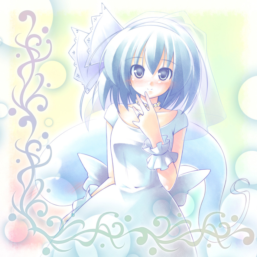 blue_eyes blush bridal_veil bride dress ghost hairband highres hitodama jewelry kibushi konpaku_youmu konpaku_youmu_(ghost) looking_at_viewer ribbon ring short_hair silver_hair solo touhou veil wedding_dress