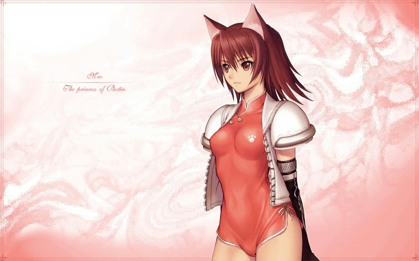animal_ears arm_strap armor bangs black_gloves border breasts breasts_apart cat_ears character_name chinese_clothes closed_mouth covered_navel elbow_gloves english eyebrows_visible_through_hair fishnets from_side gloves gradient gradient_background hair_between_eyes highres hips jacket leotard light_smile looking_afar mao_(shining_tears) medium_hair official_art open_clothes open_jacket paw_print pink_background pink_eyes pink_leotard puffy_short_sleeves puffy_sleeves red_hair ribbon shining_(series) shining_tears short_sleeves shoulder_armor side-tie_leotard side_slit smile solo spaulders standing straight_hair tanaka_takayuki turtleneck unzipped wallpaper white_background white_jacket