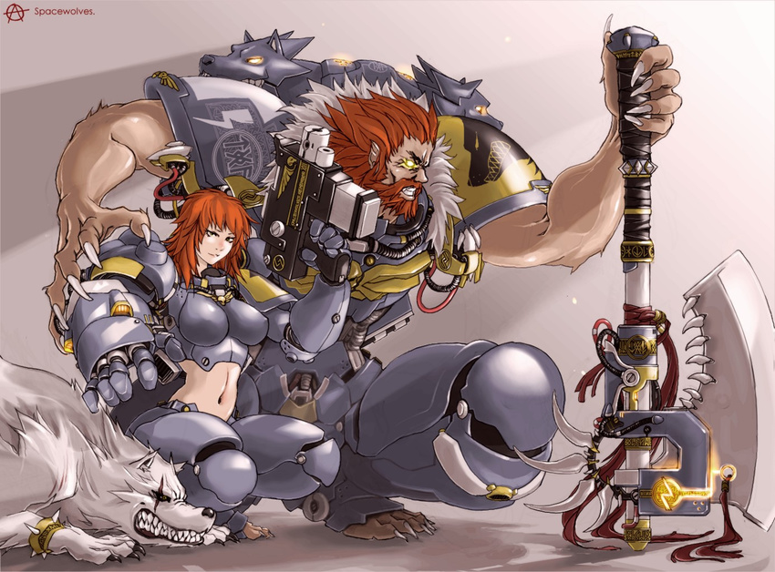 1girl adeptus_astartes armor axe beard breasts circle_a claws couple facial_hair genderswap genderswap_(mtf) heresy hetero large_breasts midriff pointy_ears power_fist red_hair space_wolves warhammer_40k weapon wolf