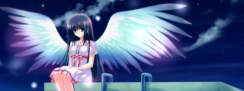 angel bangs black_hair bow braid breasts brown_eyes cloud collarbone dress game_cg gradient highres jewelry kurata_mao light_particles light_smile long_hair long_image looking_at_viewer necklace night night_sky outdoors pendant rooftop short_sleeves side_braid sitting sky small_breasts smile solo star_(sky) tenshi_no_tamago_(game) very_long_hair white_dress wide_image wings zinno
