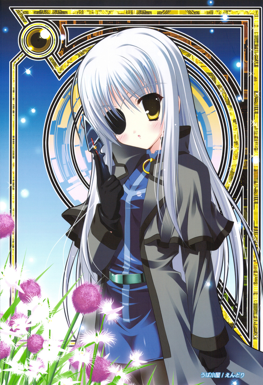 :o blush cinque_(nanoha) endori eyepatch flower gloves highres knife long_hair lyrical_nanoha mahou_shoujo_lyrical_nanoha_strikers numbers_(nanoha) silver_hair throwing_knife trench_coat weapon yellow_eyes