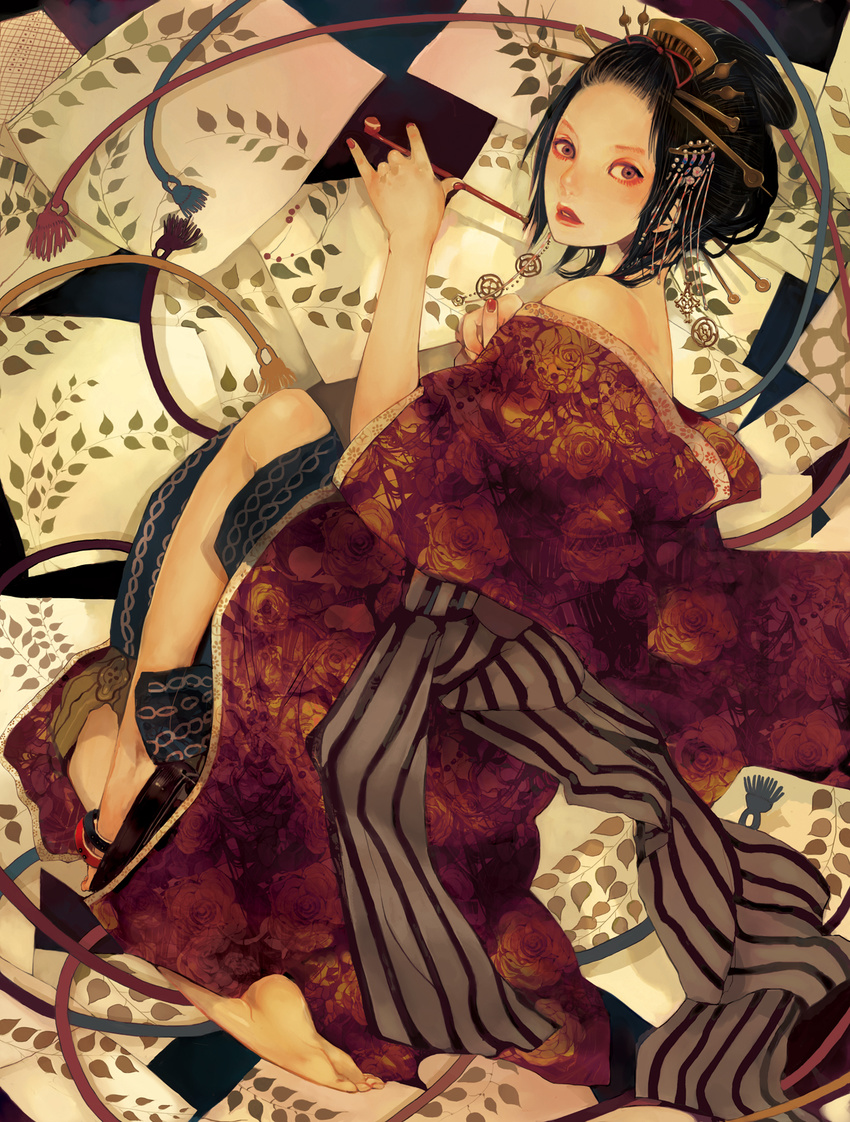 bare_shoulders barefoot black_hair floral_print hair_up headdress highres japanese_clothes kimono kiseru nail_polish nogaru_wako oiran original pinky_out pipe purple_eyes red_nails shoes single_shoe solo