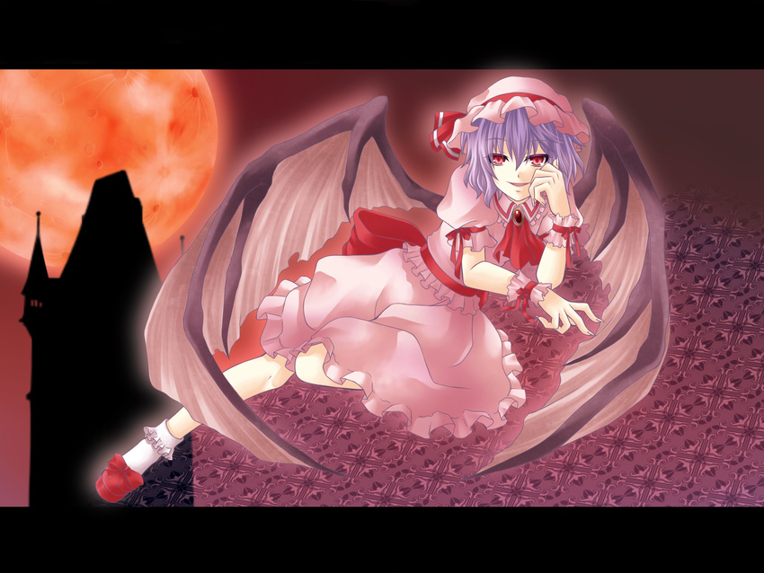 bad_id bad_pixiv_id bat_wings blue_hair hat highres hitsugi_kaname moon red_eyes red_moon remilia_scarlet short_hair solo touhou wings wrist_cuffs
