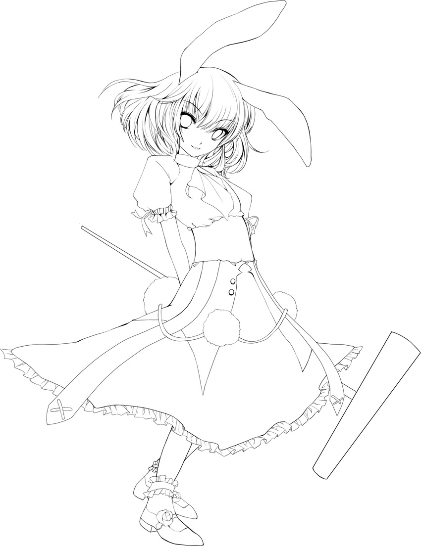 absurdres animal_ears atoshi bunny_ears greyscale highres inaba_tewi kine mallet monochrome short_hair solo touhou