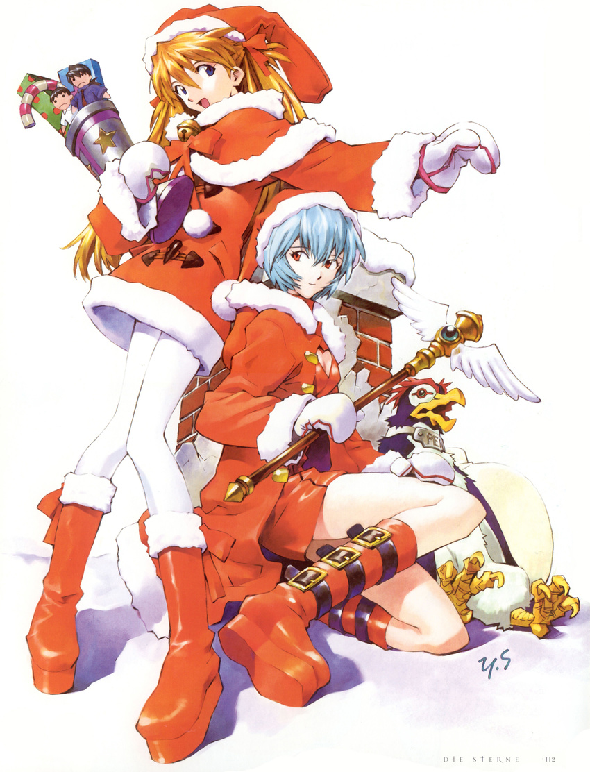 :d absurdres alternate_costume ayanami_rei bangs bell bird blue_eyes blue_hair boots bow bowtie breasts buckle candy candy_cane capelet character_doll chimney christmas cleavage cleavage_cutout coat coat_dress dress food from_side full_body fur_trim gem german gift hair_between_eyes hair_ribbon hand_on_own_thigh hat heart_cutout highres holding holding_wand hood hood_down ikari_shinji jingle_bell kaji_ryouji knee_boots long_hair looking_at_viewer mittens multiple_girls name_tag neon_genesis_evangelion official_art open_clothes open_coat open_mouth orange_hair outstretched_arm page_number pantyhose penguin penpen platform_footwear polka_dot pom_pom_(clothes) red_eyes red_footwear ribbon rooftop sack sadamoto_yoshiyuki santa_costume santa_hat scan shadow short_dress short_hair signature simple_background sitting slim_legs small_breasts smile snow souryuu_asuka_langley standing star two_side_up wand white_background white_legwear wings winter_clothes