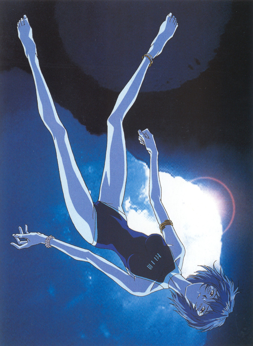 absurdres anklet artist_request ayanami_rei barefoot bracelet feet highres jewelry neon_genesis_evangelion official_art one-piece_swimsuit scan solo swimsuit underwater