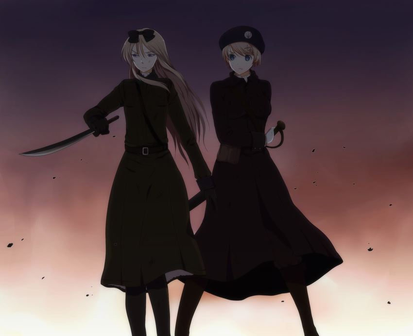 axis_powers_hetalia bad_id bad_pixiv_id banned_artist bayonet belarus_(hetalia) belt beret blade blonde_hair blue_eyes boots dress gloves hair_ornament hair_ribbon hairpin harano hat knife lingerie long_hair military military_uniform multiple_girls pantyhose petticoat purple_eyes ribbon sam_browne_belt short_hair siblings sisters sword trench_coat twilight ukraine_(hetalia) underwear uniform war weapon