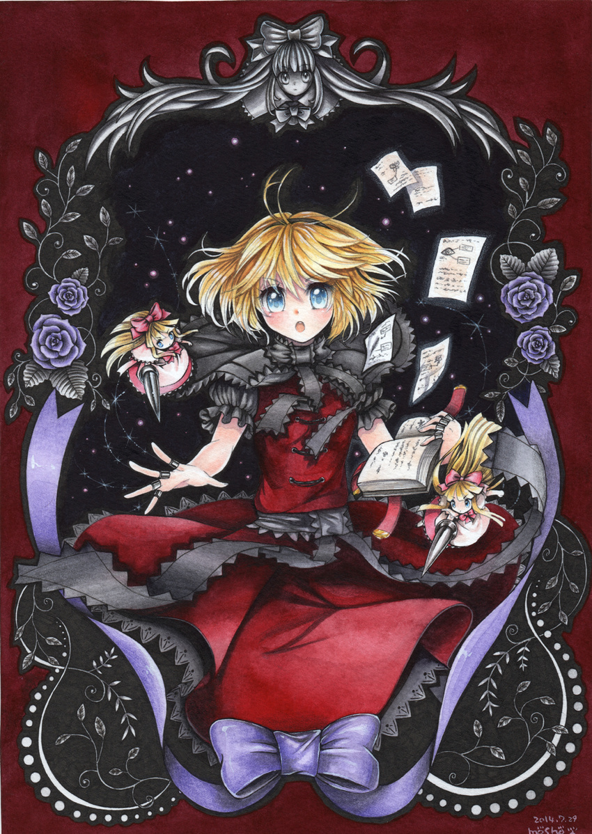 alice_margatroid alternate_color apron blonde_hair blue_eyes book bow capelet colored_pencil_(medium) dress grimoire grimoire_of_alice hair_bow hairband highres lance looking_at_viewer mosho open_mouth paint_(medium) polearm puffy_short_sleeves puffy_sleeves puppet_strings red_dress sash shanghai_doll short_sleeves touhou traditional_media waist_apron watercolor_(medium) weapon