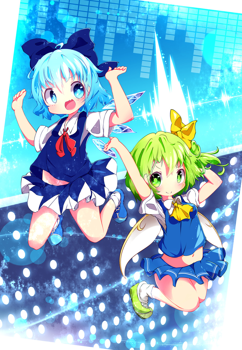 2girls akisha blue_eyes blue_hair bow cirno daiyousei green_eyes green_hair hair_bow ice ice_wings multiple_girls short_hair side_ponytail touhou wings