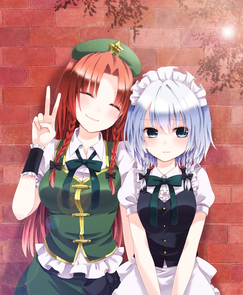 apron beret blouse blue_dress blue_eyes blush braid brick_wall chinese_clothes chitose_(usacan) closed_eyes dress green_hat hair_ribbon hands_together hat height_difference highres hong_meiling izayoi_sakuya long_hair looking_to_the_side maid maid_apron maid_headdress multiple_girls outdoors pinafore_dress pov puffy_short_sleeves puffy_sleeves red_hair ribbon short_hair short_sleeves shy silver_hair skirt skirt_set smile star tangzhuang touhou tress_ribbon twin_braids v v_arms white_blouse wrist_cuffs