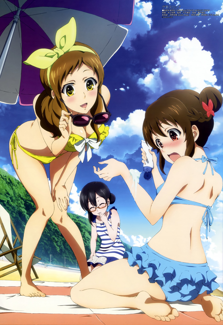 :o absurdres ass barefoot bent_over bikini bikini_skirt black_hair blush breasts brown_hair cleavage cloud day feet fukami_touko glasses glasslip hair_ornament hairclip highres inoue_hideki legs lotion medium_breasts megami multiple_girls nagamiya_sachi non-web_source official_art open_mouth parasol red_eyes scan side-tie_bikini sky soles striped sunglasses sunscreen swimsuit takayama_yanagi umbrella yellow_eyes