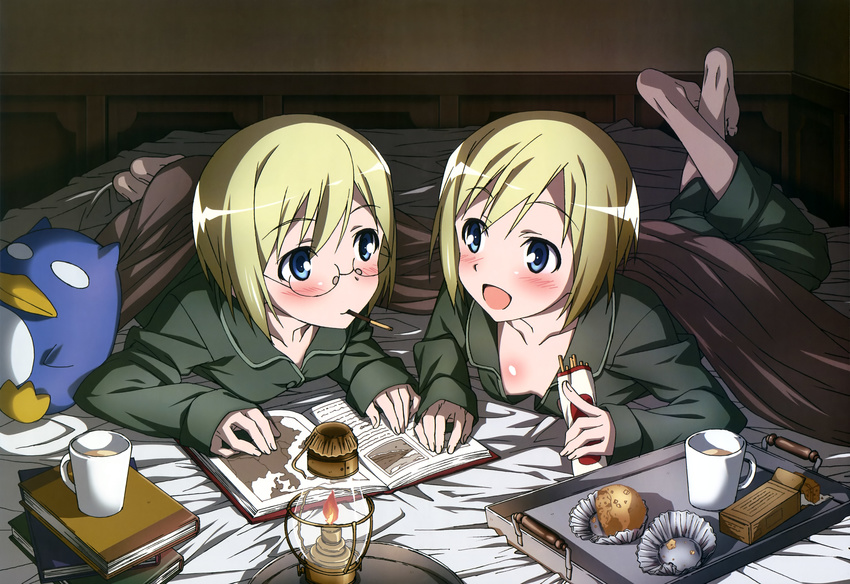 :d absurdres barefoot bed_sheet blanket blonde_hair blue_eyes blush body_blush book candle collarbone cup eating erica_hartmann europe_map food glasses highres lantern lying map muffin mug multiple_girls nyantype official_art on_bed on_stomach open_mouth pajamas pocky reading short_hair siblings sisters smile strike_witches stuffed_animal stuffed_penguin stuffed_toy twins ursula_hartmann world_witches_series