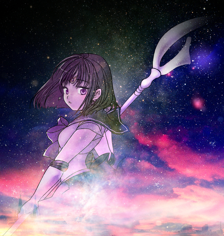 back_bow bishoujo_senshi_sailor_moon black_hair bow earrings elbow_gloves expressionless gloves highres holding holding_spear holding_weapon jewelry looking_back magical_girl polearm premerit purple_bow purple_eyes purple_sailor_collar sailor_collar sailor_saturn sailor_senshi_uniform short_hair silence_glaive solo spear tiara tomoe_hotaru weapon white_gloves