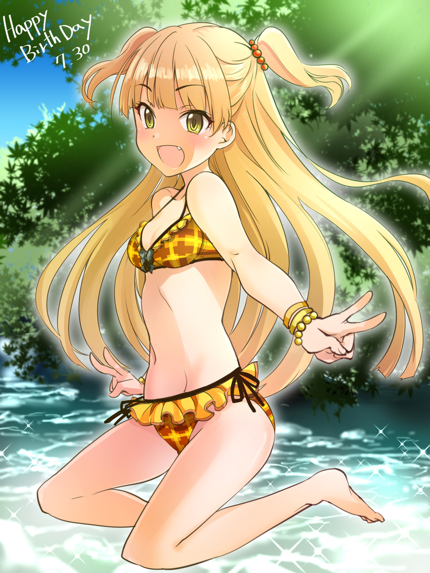 :d barefoot bikini blonde_hair blush double_v fang green_eyes happy_birthday highres idolmaster idolmaster_cinderella_girls jougasaki_rika jumping long_hair md5_mismatch open_mouth sakayama_shinta smile solo swimsuit two_side_up v water