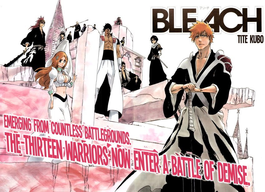 3girls 6+boys abarai_renji abs ayasegawa_yumichika badge bald black_hair bleach bleach:_the_thousand-year_blood_war breasts bridal_gauntlets brown_eyes cleavage copyright_name dark_skin everyone fingernails fingers fukutaichou_badge gloves hair_ornament hair_over_eyes hands haori hard_translated hat highres hisagi_shuuhei iba_tetsuzaemon inoue_orihime japanese_clothes katana kubo_taito kuchiki_byakuya kuchiki_rukia kurosaki_ichigo kyoraku_shunsui kyouraku_shunsui long_hair looking_at_viewer madarame_ikkaku multiple_boys multiple_girls muscle navel official_art orange_eyes orange_hair red_hair sado_yasutora scar scarf serious shikai shinigami short_hair shounen_jump shueisha sitting spiked_hair sui-feng sunglasses sword taichou_haori tattoo weapon zaraki_kenpachi