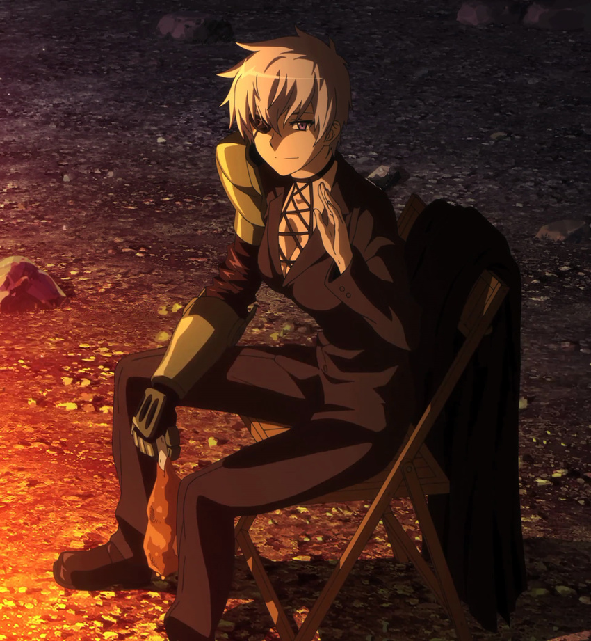 akame_ga_kill! chair eyepatch food formal highres najenda night office_lady purple_eyes screencap short_hair sitting smile solo stitched suit white_hair