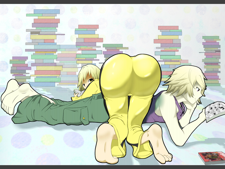 1boy 1girl ass barefoot blonde_hair book bruce_lee's_jumpsuit bruce_lee's_jumpsuit green_eyes highres huang_baoling huge_ass ivan_karelin light_smile looking_back lying on_person on_stomach purple_eyes reading short_hair smile tiger_&amp;_bunny ying_shan