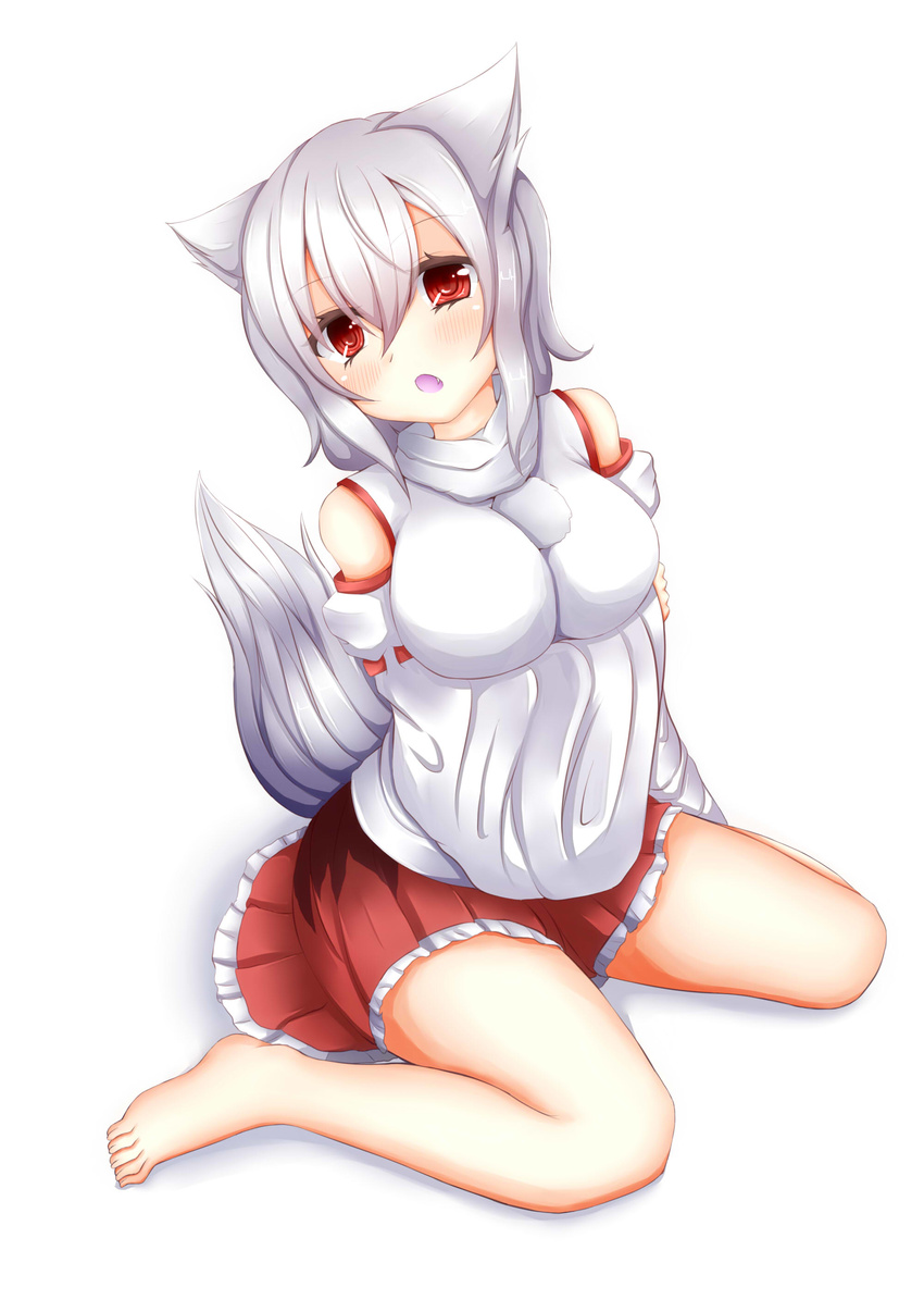 absurdres animal_ears banned_artist bare_shoulders blush breast_hold breasts detached_sleeves fang highres inubashiri_momiji large_breasts looking_at_viewer oohirakeisuke open_mouth pom_pom_(clothes) red_eyes short_hair simple_background sitting solo tail touhou wariza white_background wolf_ears wolf_tail