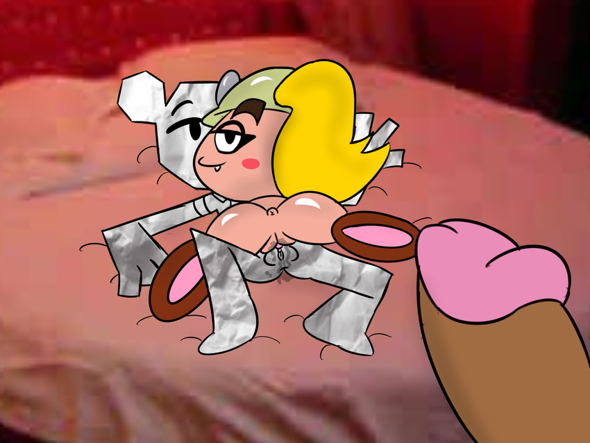 blonde_hair blush erection female goomba goombella hair helmet looking_at_viewer mario_bros nintendo paper penis ponytail pussy spread_legs spreading teri the_amazing_world_of_gumball thunderfap video_games