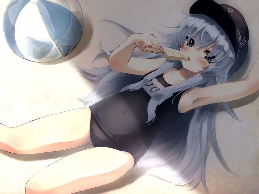 arm_up armpits ball beachball blue_eyes blue_hair blush breasts covered_nipples food gengetsu_chihiro hat hibiki_(kantai_collection) highres kantai_collection licking long_hair looking_at_viewer lying name_tag on_back one-piece_swimsuit popsicle sand school_swimsuit shade small_breasts solo swimsuit tongue tongue_out