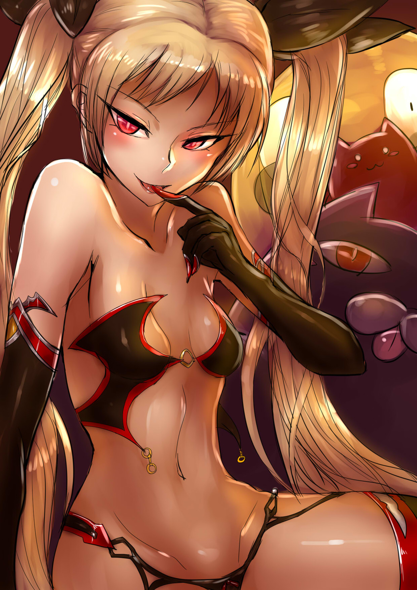 :p black_gloves blazblue blonde_hair bow breasts elbow_gloves finger_to_mouth gii gloves hair_bow highres ichigai_(hayawossan) long_hair looking_at_viewer nago naughty_face navel rachel_alucard red_eyes small_breasts smile tongue tongue_out twintails very_long_hair