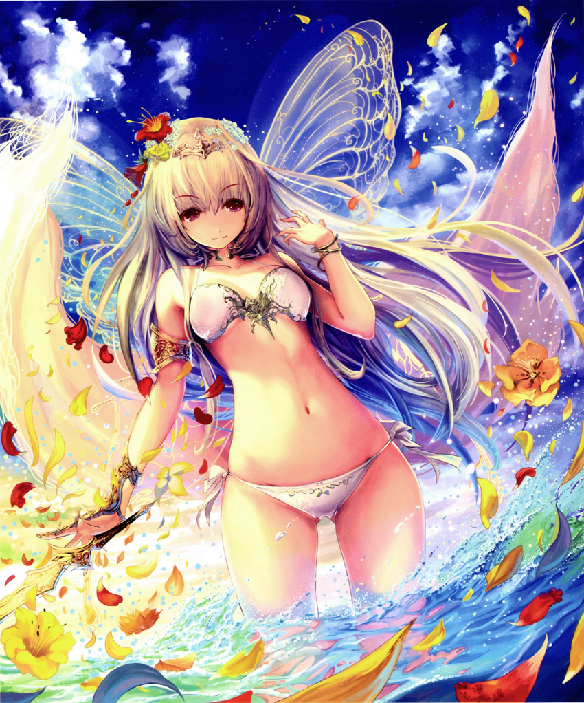 absurdres aria_(shingeki_no_bahamut) bare_shoulders bikini blonde_hair blue_sky bracelet breasts butterfly_wings day eyebrows eyebrows_visible_through_hair flower glint hair_flower hair_ornament hibiscus highres jewelry long_hair medium_breasts navel petals petals_on_liquid purple_eyes scan shingeki_no_bahamut side-tie_bikini sky smile solo splashing swimsuit sword tachikawa_mushimaro tiara very_long_hair wading water weapon white_bikini wings