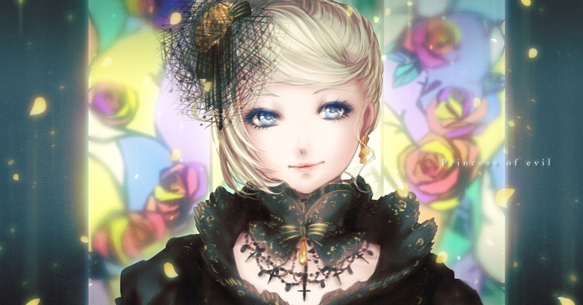 aku_no_musume_(vocaloid) alternate_hairstyle bangs black_ribbon blonde_hair blue_eyes blurry bow closed_mouth cross depth_of_field earrings english evillious_nendaiki eyelashes hair_ornament hair_ribbon jewelry kagamine_rin lace looking_at_viewer necklace petals portrait ribbon riliane_lucifen_d'autriche shino_(syllable) smile solo stained_glass striped striped_ribbon vocaloid