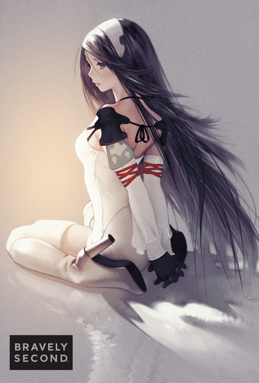 absurdres agnes_oblige arms_behind_back bare_back bare_shoulders black_hair boots bravely_default_(series) bravely_second:_end_layer brown_eyes detached_sleeves gloves hairband hands_together high_heel_boots high_heels highres kneeling official_art parted_lips reflection sitting solo thigh_boots thighhighs v_arms wariza white_legwear yoshida_akihiko