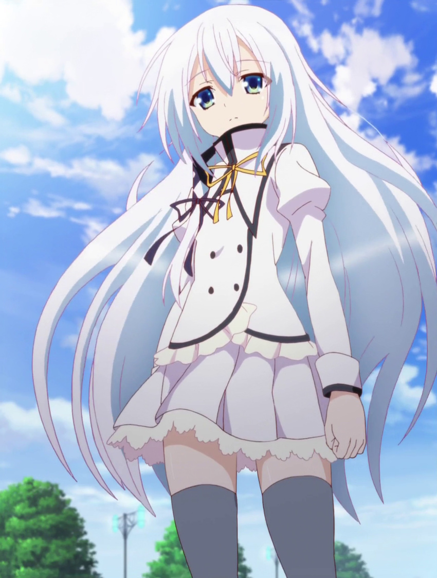 aqua_hair blue_eyes cloud long_hair school_uniform screencap seirei_tsukai_no_blade_dance sky terminus_est thighhighs tree