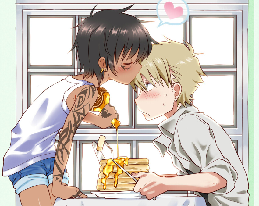 2boys akame_(eckesachs) black_hair blonde_hair blush child dark_skin earrings eyes_closed heart honey jewelry kiss multiple_boys pancake pancakes shirt shorts shota sleeveless sleeveless_shirt spoken_heart tattoo yaoi