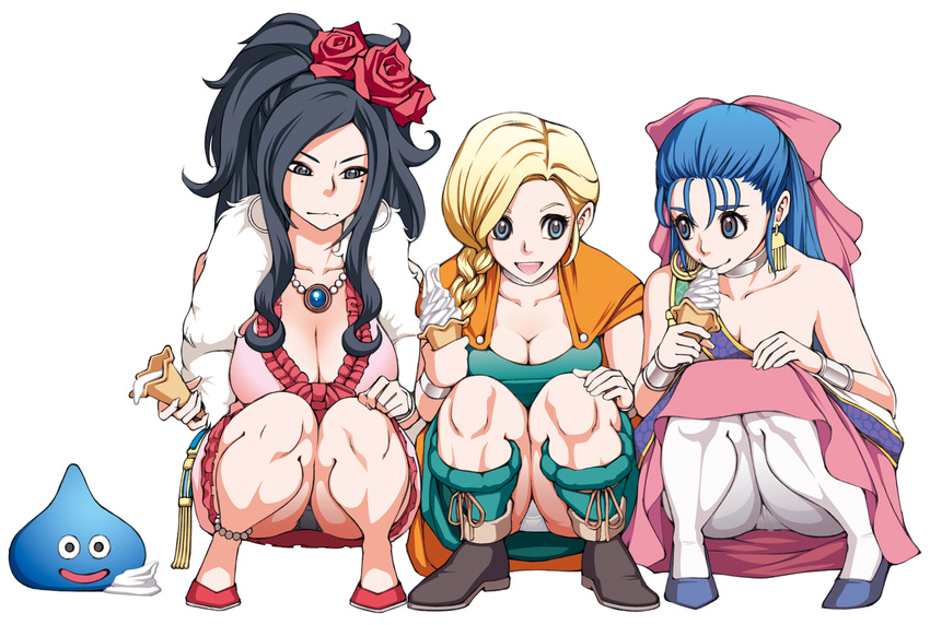 bare_shoulders bianca black_eyes black_hair blonde_hair blue_eyes blue_hair bow braid breasts cape cleavage crotch_seam deborah dragon_quest dragon_quest_v dress earrings eating feather_boa flora flower food hair_flower hair_ornament highres ice_cream ice_cream_cone jewelry large_breasts long_hair masayan_(minor-ms) mole multiple_girls neck_ring necklace panties pantyhose pantyshot pantyshot_(squatting) pendant pink_bow rose siblings simple_background single_braid sisters slime_(dragon_quest) smile soft_serve squatting underwear wavy_mouth white_background white_legwear