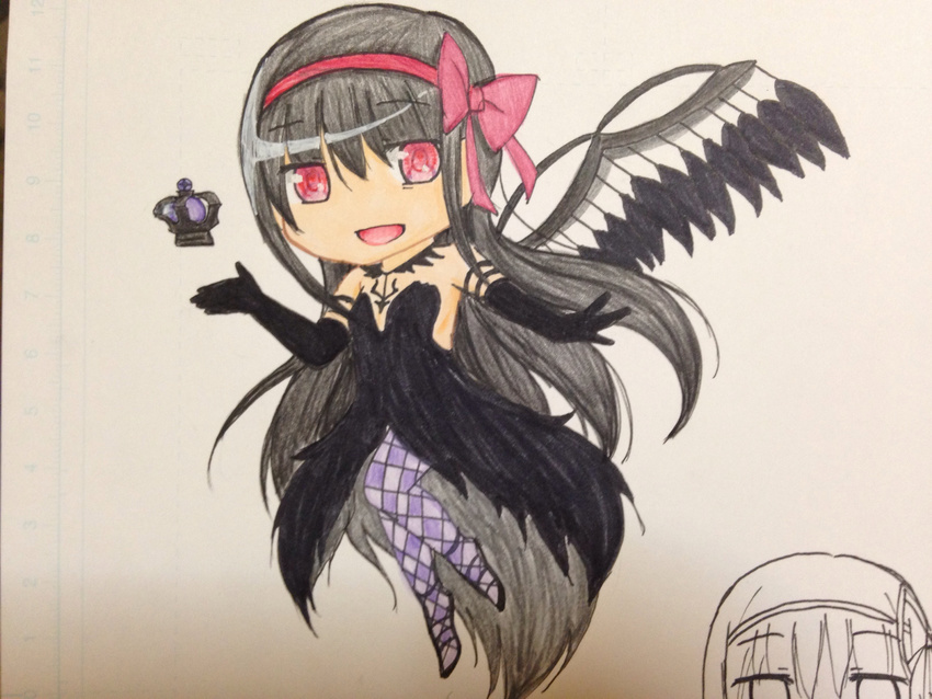 :d absurdres akemi_homura akuma_homura argyle argyle_legwear bare_shoulders black_gloves black_hair black_wings bow chibi choker dark_orb_(madoka_magica) dress elbow_gloves feathered_wings gloves hair_bow highres long_hair looking_at_viewer mahou_shoujo_madoka_magica mahou_shoujo_madoka_magica_movie multiple_views open_mouth photo purple_eyes simple_background smile solo_focus spoilers white_background wings