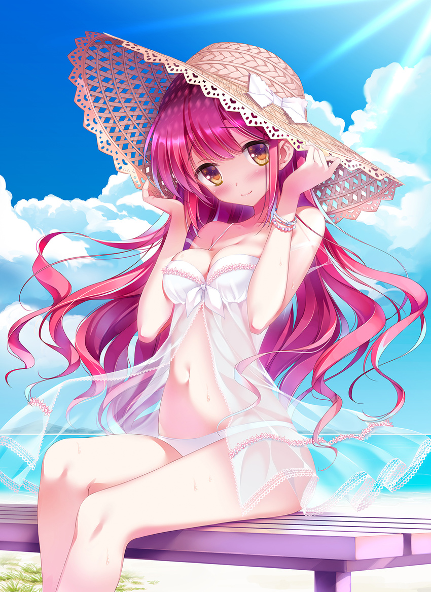 babydoll bangs bench blush bracelet breasts brown_eyes cleavage cloud cloudy_sky collarbone commentary day eyebrows_visible_through_hair floating_hair front-tie_top hands_on_headwear hat highres jewelry kimishima_ao light_rays light_trail long_hair looking_at_viewer medium_breasts navel original outdoors panties red_hair see-through sitting sky sleeveless smile solo straw_hat sun_hat sunbeam sunlight sweat swimsuit underwear white_babydoll