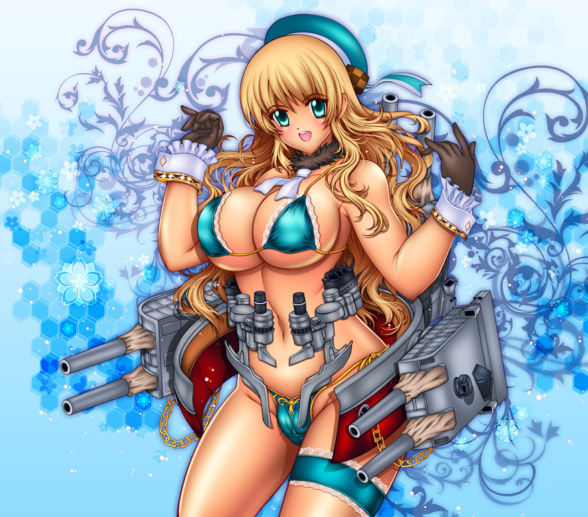 :d adapted_costume armpits atago_(kantai_collection) bare_shoulders beret bikini black_gloves blonde_hair blue_bikini breasts cannon cleavage cowboy_shot curvy gloves green_eyes hat huge_breasts john_r kantai_collection long_hair machinery open_mouth sideboob smile standing swimsuit thigh_strap turret underboob wrist_cuffs