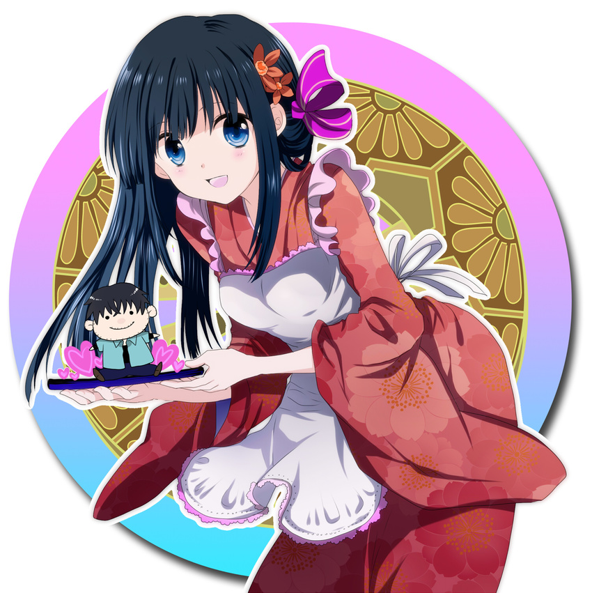 apron black_hair blue_eyes hair_ornament hair_ribbon highres japanese_clothes kimono leaning_forward long_hair looking_at_viewer mahouka_koukou_no_rettousei mariwai_(marireroy) open_mouth purple_ribbon red_kimono ribbon shiba_miyuki solo wa_maid yukata