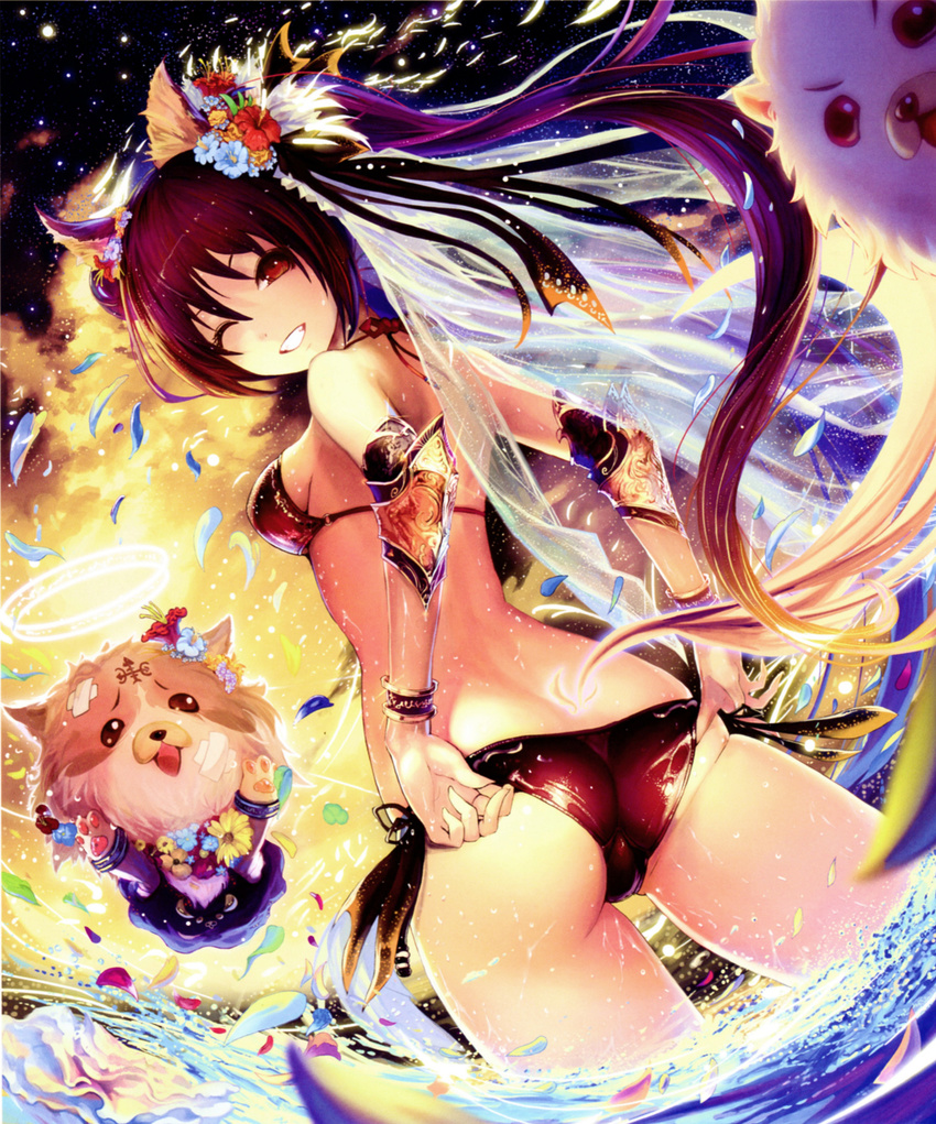 absurdres adjusting_clothes adjusting_swimsuit animal_ears armor ass bare_shoulders bikini bracelet cerberus_(shingeki_no_bahamut) dog_ears dog_tail fisheye flower from_behind grin hair_flower hair_ornament halo hibiscus highres jewelry long_hair looking_back o-ring o-ring_top one_eye_closed red_bikini red_hair scan shingeki_no_bahamut shiny shiny_clothes side-tie_bikini smile solo swimsuit tachikawa_mushimaro tail trefoil twintails veil very_long_hair wading water